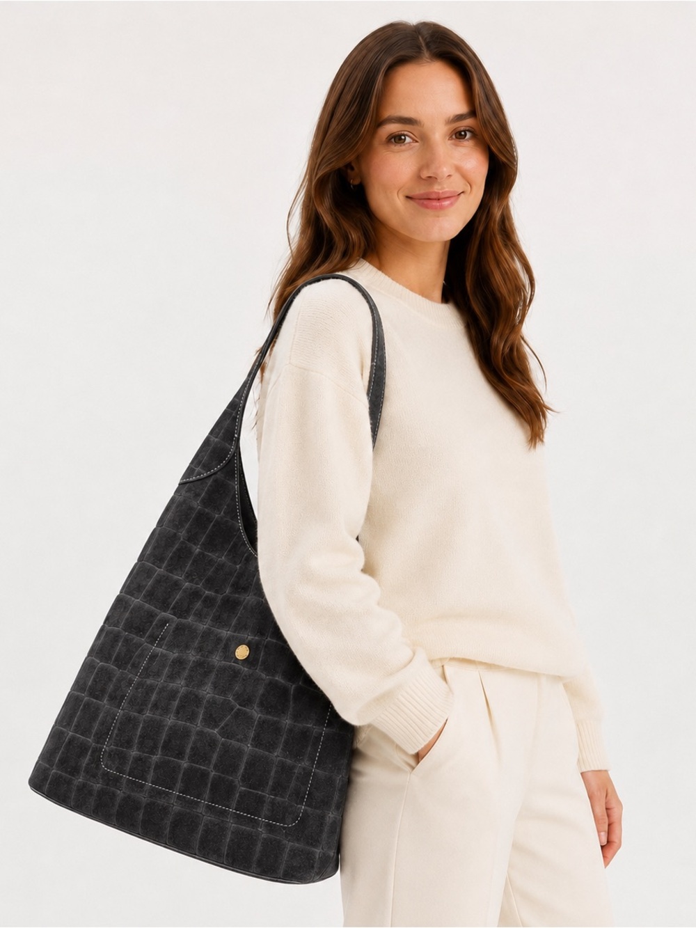 COACH Brooklyn 39 Black Croc Embossed Suede Shoulder Bag NWT
